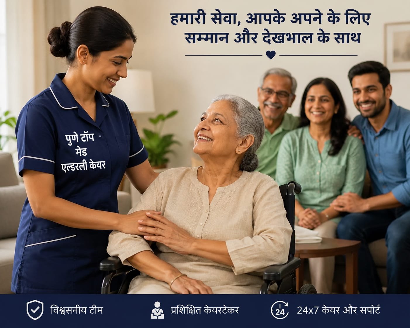Professional elderly-care attendant supporting a senior woman at home